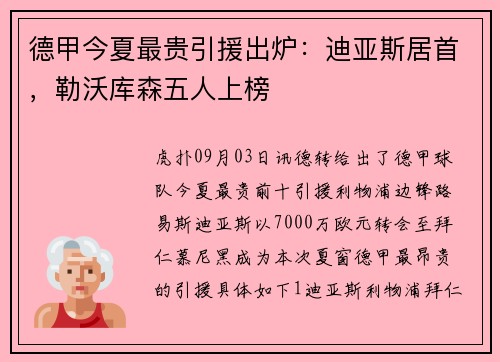 德甲今夏最贵引援出炉：迪亚斯居首，勒沃库森五人上榜
